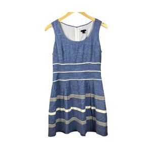 Ann Taylor Linen Blend Light Blue & White Textured Stripe Flare Dress 14